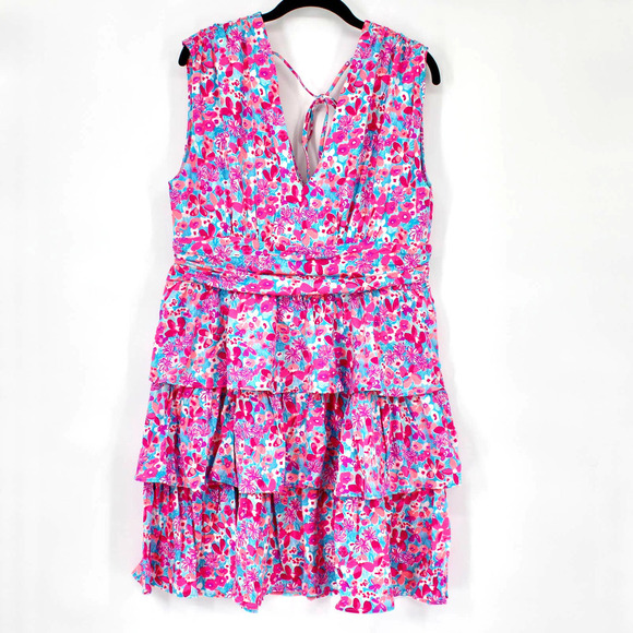 Lilly Pulitzer Faye V-Neck Ruffle Dress Size XL in Aura Pink Baby Boomer NEW